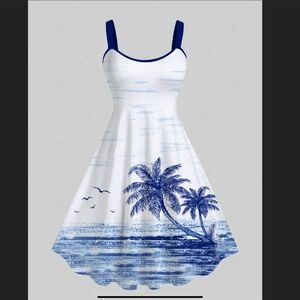 Tropical Sea Coconut Tree Seagull Cloud Print Hawaii Tank Dress - White blue xl